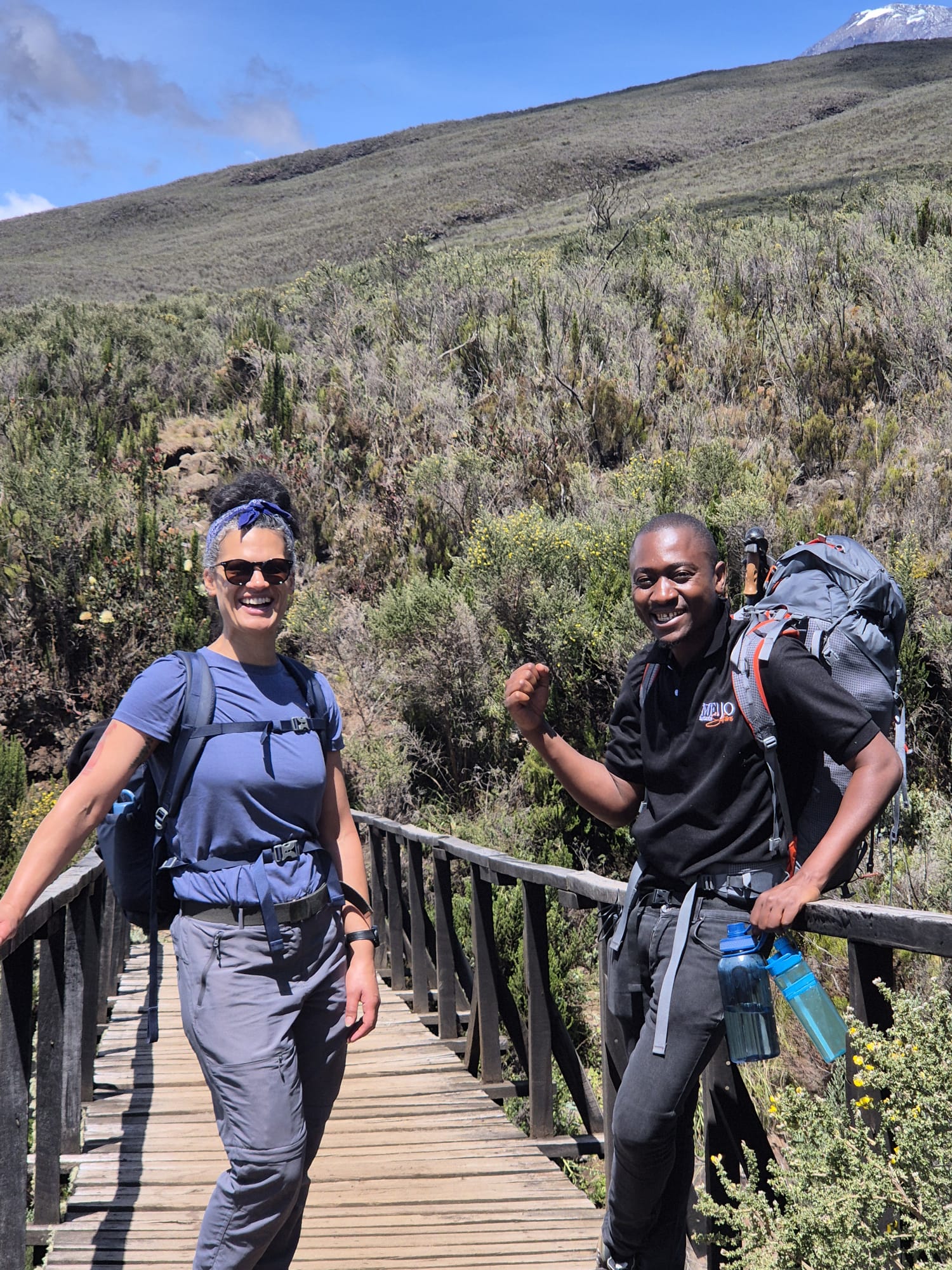 Two hikers walking across a wooden bridge through mountain vegetation