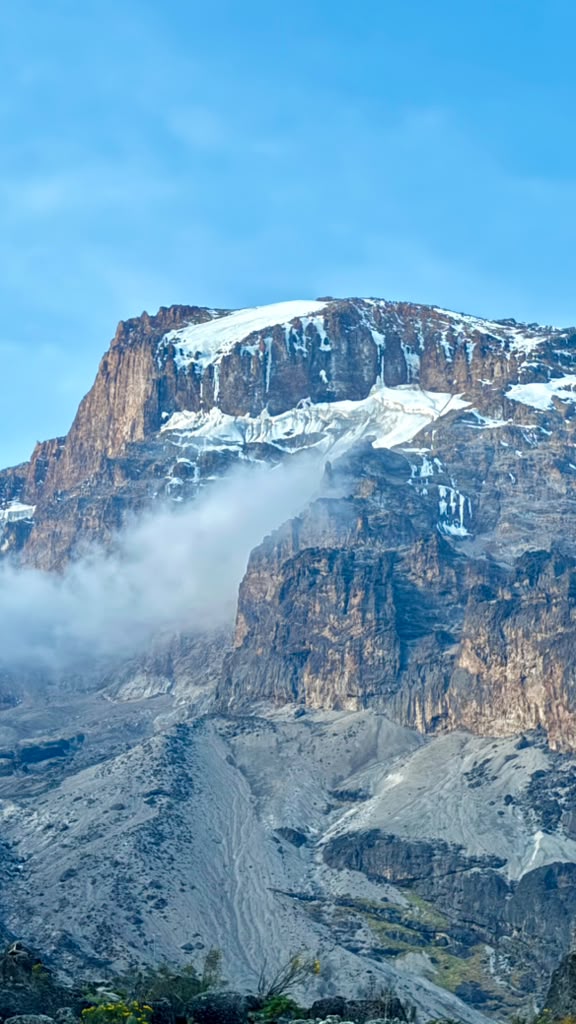 A steep wall of glacier ice rising above dark mountain rock