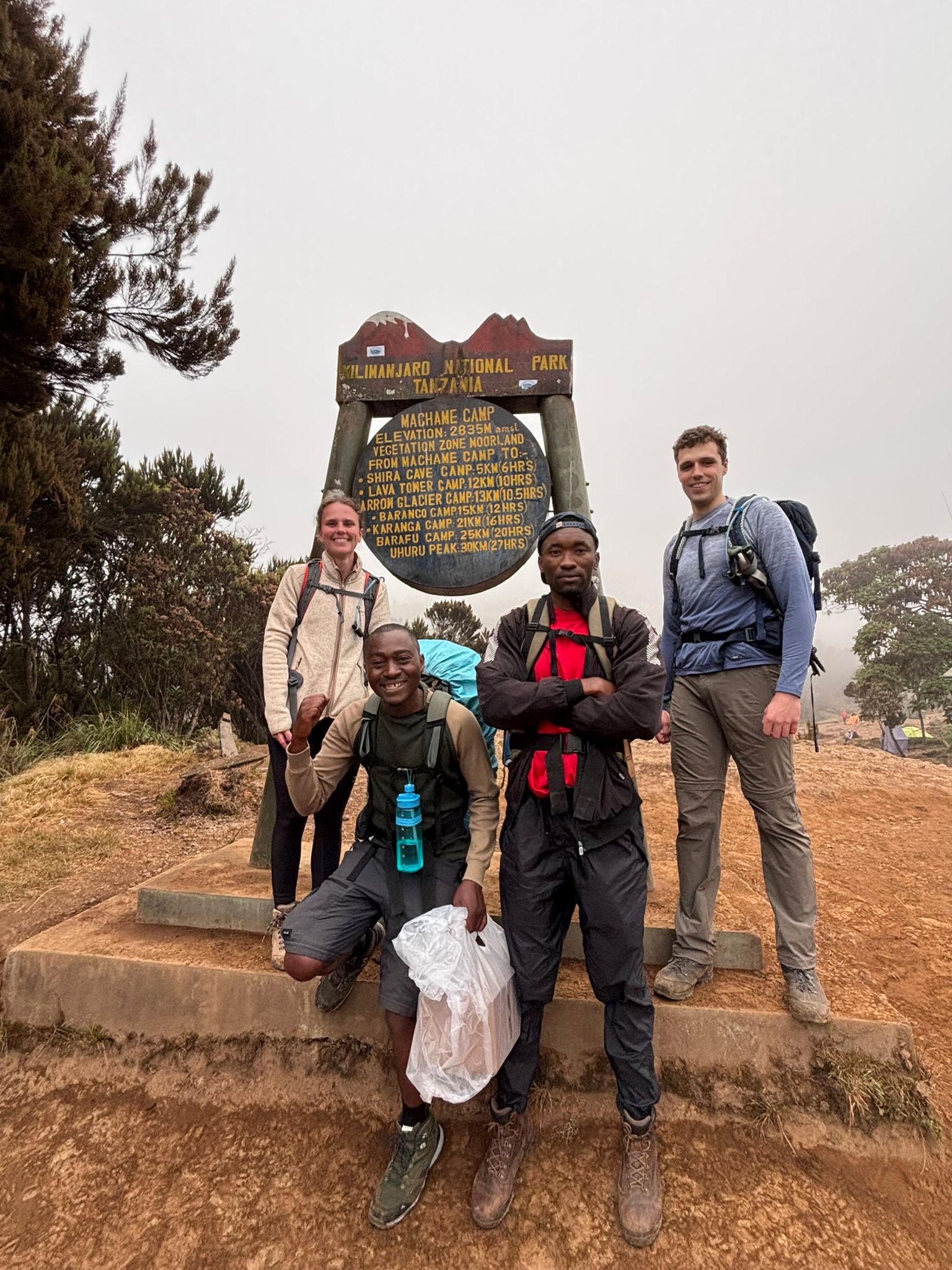 A group of climbers posing at a trail entrance sign