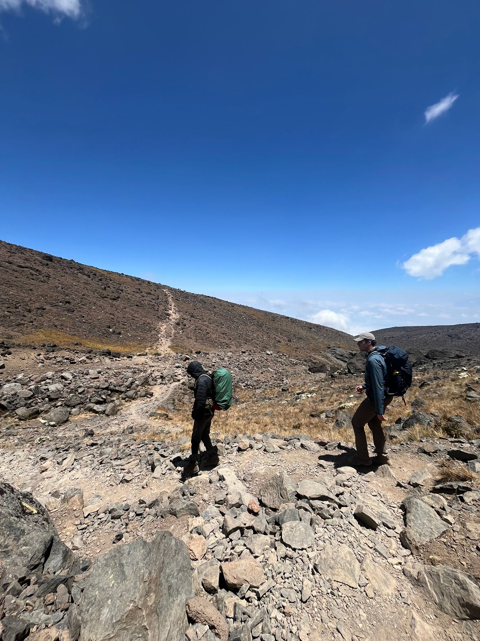 Two hikers walking along a pale rocky trail beneath a blue sky